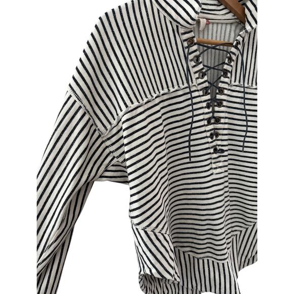 Anthropologie Pilcro Oversized Striped Lace-Up Splice Henley Top Neutral Size XS - Picture 9 of 9